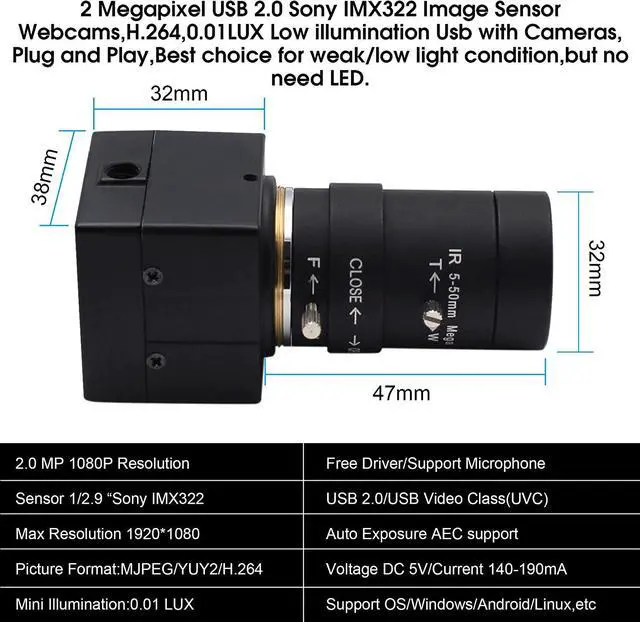 Alt view image 6 of 7 - ELP 5-50mm Varifocal Lens 1080P USB Camera with H.264 High Definition Sony IMX323 Webcam for Android Linux Windows Industrial Video