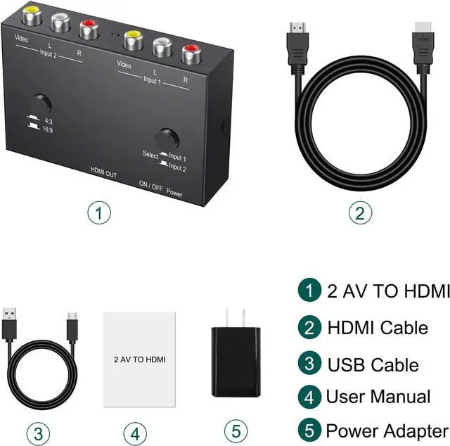 Alt view image 7 of 7 - 2AV to HDMI Converter Double RCA to HDMI Converter 2 RCA Input 1HDMI Output Support 16:9/4:3 Compatible with WII N64 PS1 PS2 PS3 VHS VCR DVD Players etc (Multi AV to HDMI)