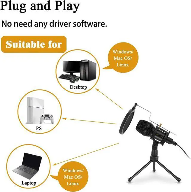 Alt view image 2 of 7 - Microphone for PC, USB PC Microphone, PC Microphone Gaming with Tripod Stand & Pop Filter for Streaming, Podcasting, Vocal Recording, Compatible with Laptop Desktop Computer (USB)
