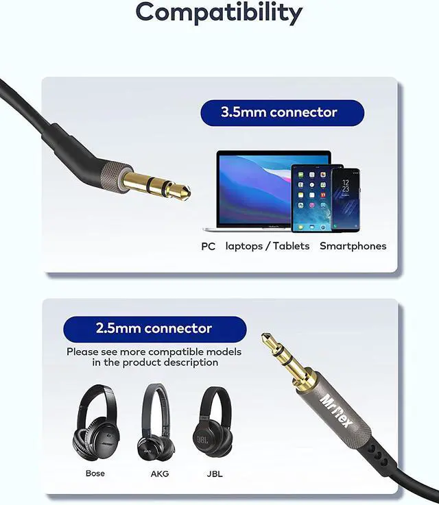 Alt view image 2 of 7 - 3.5mm to 2.5mm Aux Cable Cord for  700 QuietComfort Ultra QC45 QC35II QC35 QC25 Noise Cancelling Headphones JBL E45BT E55BT E65BTNC Bluetooth Earphone Audio Replacement Wire (1-Pack 5FT)