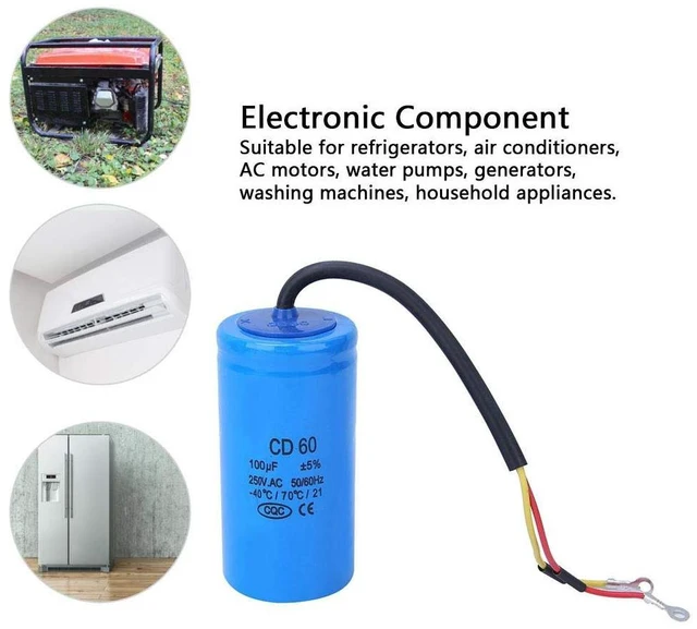 Alt view image 5 of 7 - CD60 Capacitor, 100uf ±5% 250VAC 50/60Hz Round Run Start Capacitor, for Air Conditioner or AC Motor and Fan Starting