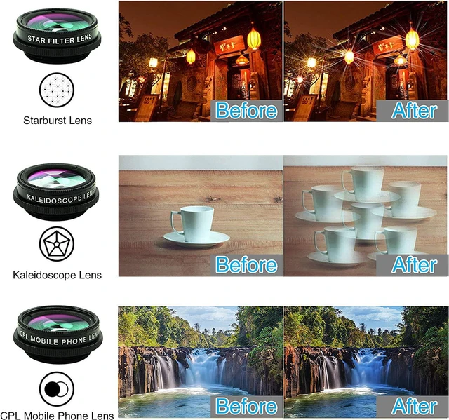 Alt view image 6 of 7 - Cell Phone Camera Lens Kit,11 in 1 Universal 20x Telephoto 0.63Wide Angle 15X Macro 198°Fisheye 2X Telephoto Kaleidoscope CPL Starlight Eyemask Tripod,for Most iPhone Smartphone (Black)