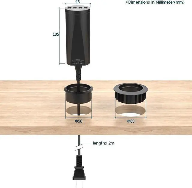 Alt view image 2 of 7 - Simpeak 30W 4-Port USB Desk Charger Desktop Charging Station Mounts on The 2.0"/2.4" Grommet Hole with Power Cable (Match 2pcs Grommet),C51 Black