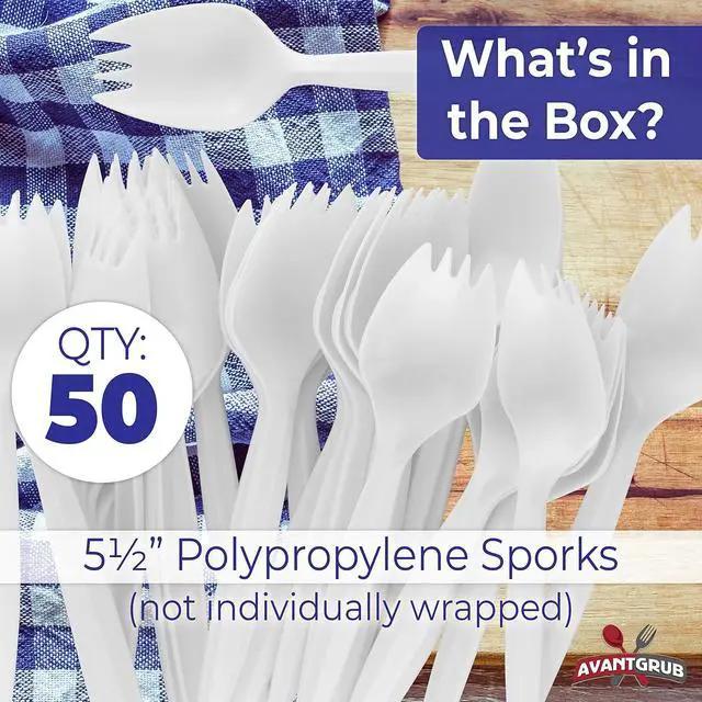 Alt view image 2 of 6 - Durable BPA-Free White Disposable Sporks 50 pack. Recyclable, Eco-Friendly, Travel and Kid Safe Fork and Spoon 2-in-1 Eating Utensils. Cutlery for School Lunch, Picnics, Camping and Arts and Crafts