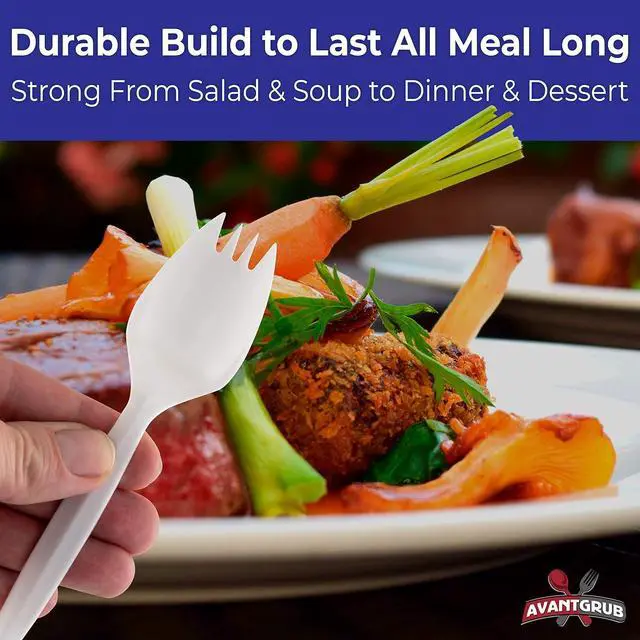 Alt view image 4 of 6 - Durable BPA-Free White Disposable Sporks 50 pack. Recyclable, Eco-Friendly, Travel and Kid Safe Fork and Spoon 2-in-1 Eating Utensils. Cutlery for School Lunch, Picnics, Camping and Arts and Crafts