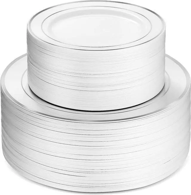 Main image of 100 Piece Plastic Party Plates White Silver Rim, 50 Premium Heavy Duty 10.25 Inch Dinner and Disposable 7.5 Dessert Appetizer Elegant Fancy Wedding