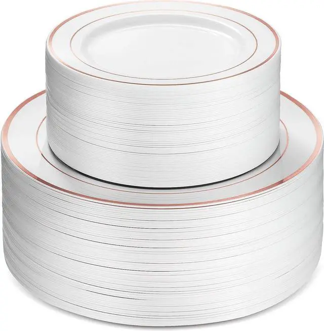 Main image of Plastic Wedding Party Plates 100 Piece White Rose Gold Rim. Elegant Fancy 50 Premium Heavy Duty 10.25 Inch Dinner Plates and 50 Disposable 7.5 Inch Dessert Appetizer