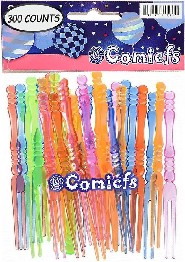 Alt view image 2 of 6 - Comicfs 300pcs Disposable Plastic Fruit Forks, 4" Bistro Cocktail Forks Tasting Appetizer Fork Set Toothpick Portable Salad Mini Cake Fork (Multicolor)