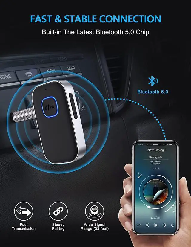 Alt view image 3 of 7 - Bluetooth 5.0 Receiver for Car Noise Cancelling Bluetooth AUX Adapter Bluetooth Music Receiver for Home Stereo/Wired Headphones/Hands-Free Call 16H Battery Life-Black+Silver