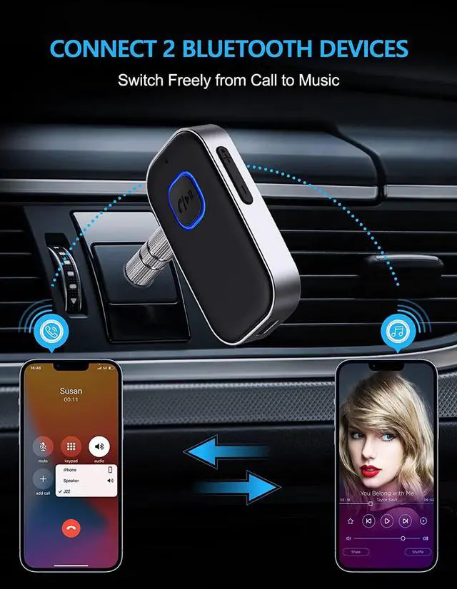 Alt view image 7 of 7 - Bluetooth 5.0 Receiver for Car Noise Cancelling Bluetooth AUX Adapter Bluetooth Music Receiver for Home Stereo/Wired Headphones/Hands-Free Call 16H Battery Life-Black+Silver