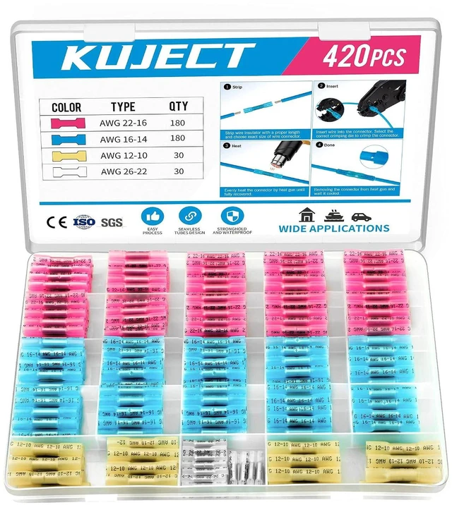 Main image of Kuject 420PCS Heat Shrink Butt Connectors, 4 Sizes Insulated Waterproof Wire Connector kit, Tinned Copper Electrical Crimp Connectors for Automotive Marine Boat Truck Stereo Joint