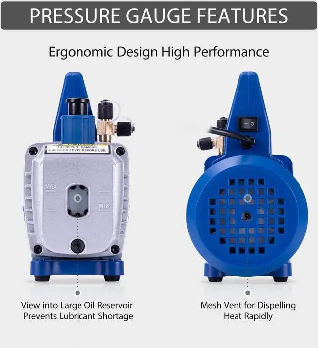 Alt view image 4 of 7 - 110V 1/34CFM Single Stage Rotary Vane Air Vacuum Pump and R134a AC Manifold Gauge Set Kit with Leak Detector Carry Bag for HVAC Air Conditioning Refrigeration Recharging ETL Listed