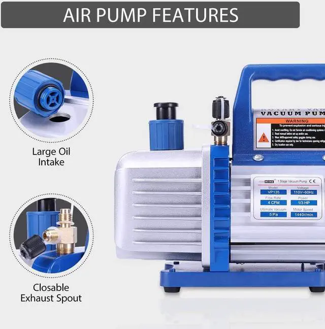 Alt view image 3 of 7 - 110V 1/34CFM Single Stage Rotary Vane Air Vacuum Pump and R134a AC Manifold Gauge Set Kit with Leak Detector Carry Bag for HVAC Air Conditioning Refrigeration Recharging ETL Listed