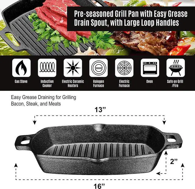 Alt view image 2 of 7 - Bruntmor 13 Inch Non Stick cast iron Grill Pan, Induction Stove top grill plate, grilled pan for Sovetop, Outdoor Gridle Pan for Steak, and Meats.