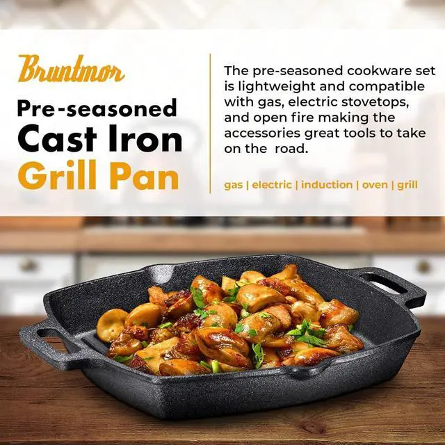 Alt view image 4 of 7 - Bruntmor 13 Inch Non Stick cast iron Grill Pan, Induction Stove top grill plate, grilled pan for Sovetop, Outdoor Gridle Pan for Steak, and Meats.