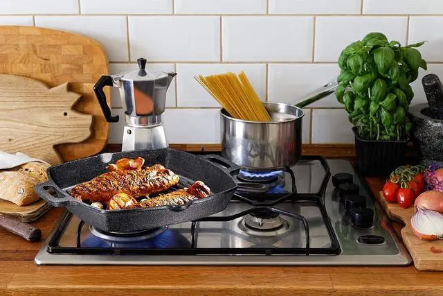 Alt view image 7 of 7 - Bruntmor 13 Inch Non Stick cast iron Grill Pan, Induction Stove top grill plate, grilled pan for Sovetop, Outdoor Gridle Pan for Steak, and Meats.
