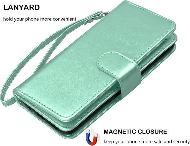 Alt view image 6 of 7 - NJJEX Compatible with LG G8 ThinQ Case/LG G8/ LG G8 ThinQ Wallet Case, [9 Card Slots] PU Leather ID Credit Holder Folio Flip Cover [Detachable][Kickstand] Magnetic Phone Case & Wrist Strap [Mint]