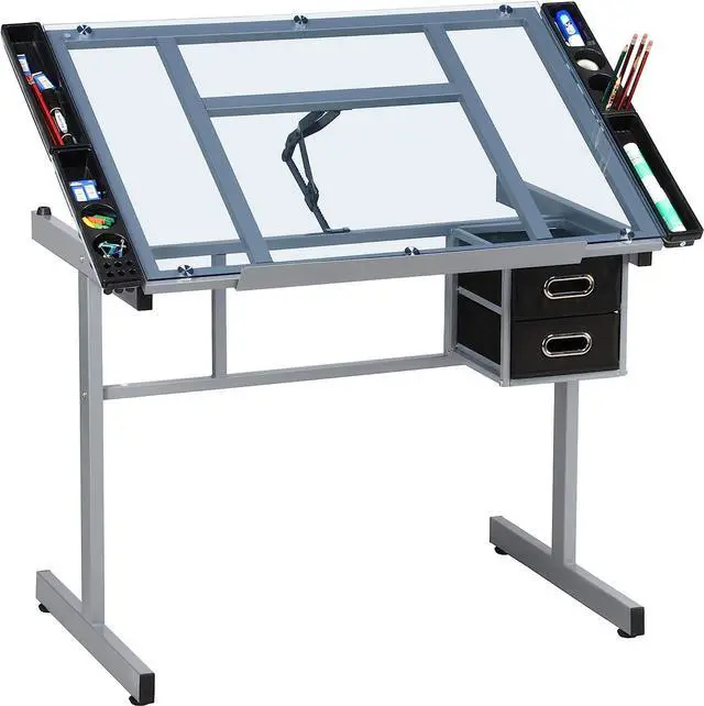 Main image of Yaheetech Drawing Desk Adjustable Glass Drafting Study Table for Diamond/Versatile Art Craft Station w/ 2 Slide Rolling Wheels and Drawers for Artist Painters Home Office