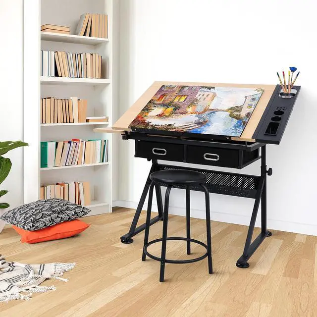 Alt view image 2 of 7 - ZENY Drafting Table Art Desk Drawing Table Height Adjustable Artist Table Tilted Tabletop w/Drafting Stool and Storage Drawer for Reading, Writing, Crafting, Painting Art