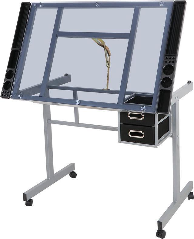 Alt view image 5 of 7 - ZenStyle Glass Top Drafting Table with Storage, Adjustable Multifunctional Drafting Drawing Table Desk Tempered Glass Top Art Craft w/Drawers, Castors