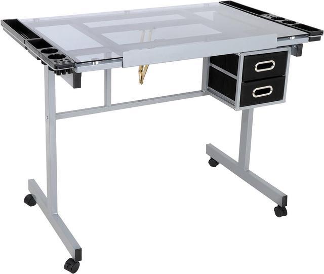 Alt view image 6 of 7 - ZenStyle Glass Top Drafting Table with Storage, Adjustable Multifunctional Drafting Drawing Table Desk Tempered Glass Top Art Craft w/Drawers, Castors