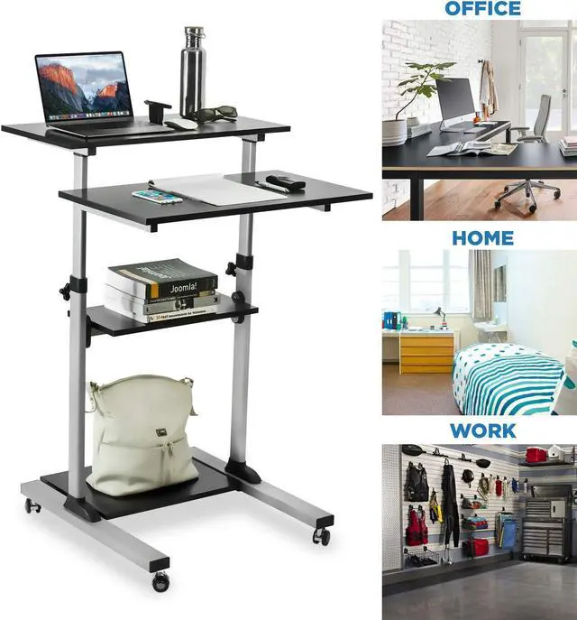 Alt view image 3 of 7 - Rolling Desk Adjustable Height up to 54.7", Portable Standing Desk for Laptop or Podium Stand with Wheels, Mobile Roller Presentation Cart, Computer Work Station 27.5" Wide, Locking Wheels