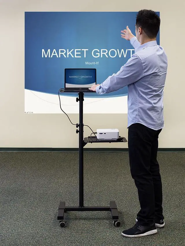 Alt view image 3 of 7 - Mount-It! Mobile Projector and Laptop Stand (2 Shelves), Rolling Cart with Ventilated Tray, Heavy Duty, Height Adjustable Laptop and Projector Presentation Trolley, Black