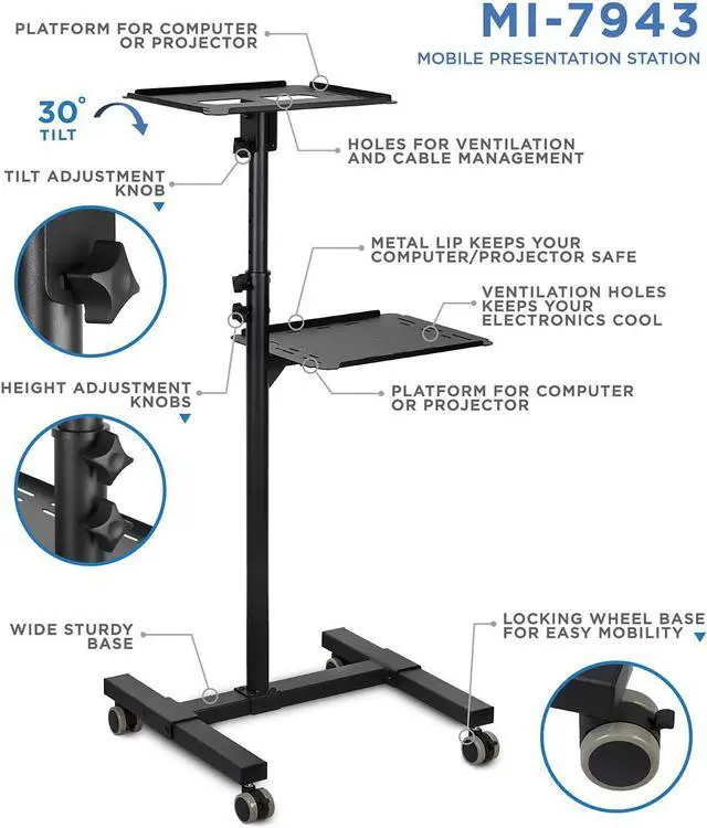 Alt view image 4 of 7 - Mount-It! Mobile Projector and Laptop Stand (2 Shelves), Rolling Cart with Ventilated Tray, Heavy Duty, Height Adjustable Laptop and Projector Presentation Trolley, Black