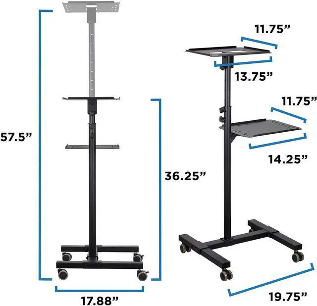 Alt view image 6 of 7 - Mount-It! Mobile Projector and Laptop Stand (2 Shelves), Rolling Cart with Ventilated Tray, Heavy Duty, Height Adjustable Laptop and Projector Presentation Trolley, Black