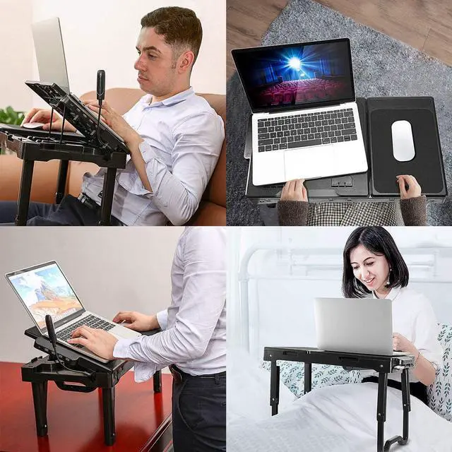 Alt view image 2 of 7 - Laptop Desk for Bed, Adjustable Table with Fan, Portable Lap Desk, Foldable Legs, Stand for Couch Sofa, Tray with LED Light, 4 USB Ports, Storage, Mouse Pad