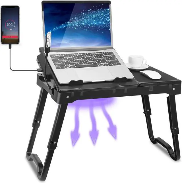 Main image of Laptop Desk for Bed, Adjustable Table with Fan, Portable Lap Desk, Foldable Legs, Stand for Couch Sofa, Tray with LED Light, 4 USB Ports, Storage, Mouse Pad