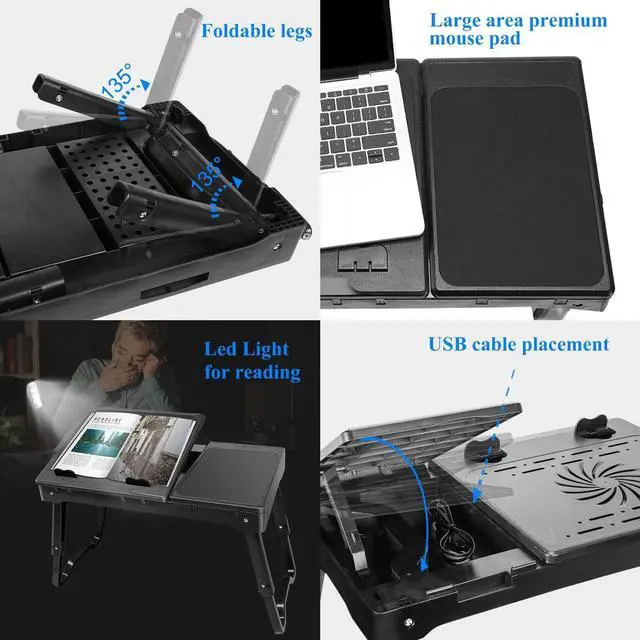 Alt view image 5 of 7 - Laptop Desk for Bed, Adjustable Table with Fan, Portable Lap Desk, Foldable Legs, Stand for Couch Sofa, Tray with LED Light, 4 USB Ports, Storage, Mouse Pad