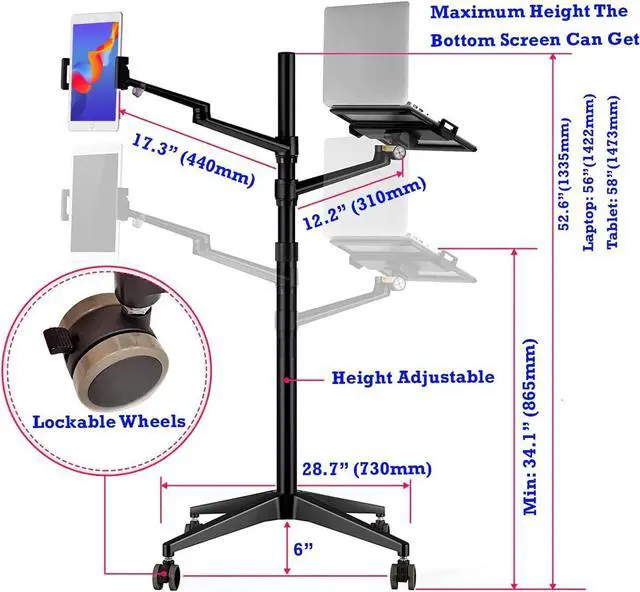 Alt view image 2 of 6 - Triple arm Height Adjustable Stand Mount with Rolling Wheel for Laptop(11-17 inch) and Compatible with ipad iPad pro 12.9 inch/Tablet/Ereader (Black)