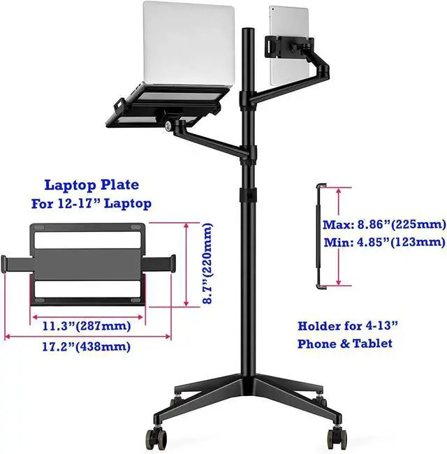 Alt view image 6 of 6 - Triple arm Height Adjustable Stand Mount with Rolling Wheel for Laptop(11-17 inch) and Compatible with ipad iPad pro 12.9 inch/Tablet/Ereader (Black)