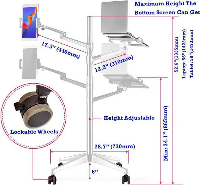 Alt view image 2 of 6 - Triple arm Height Adjustable Stand Mount with Rolling Wheel for Laptop(11-17 inch) and Compatible with ipad iPad pro 12.9 inch/Tablet/Ereader