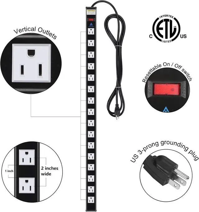 Alt view image 2 of 7 - 16-Outlet Metal Surge Protector Power Strip, 9 ft Extension Cord, 450 Joules, 15-Amp Integrated Circuit Breaker Overload Protection for Home, Office, School, Garage, Computer, TV [ETL Listed]