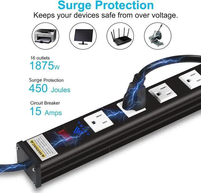 Alt view image 4 of 7 - 16-Outlet Metal Surge Protector Power Strip, 9 ft Extension Cord, 450 Joules, 15-Amp Integrated Circuit Breaker Overload Protection for Home, Office, School, Garage, Computer, TV [ETL Listed]