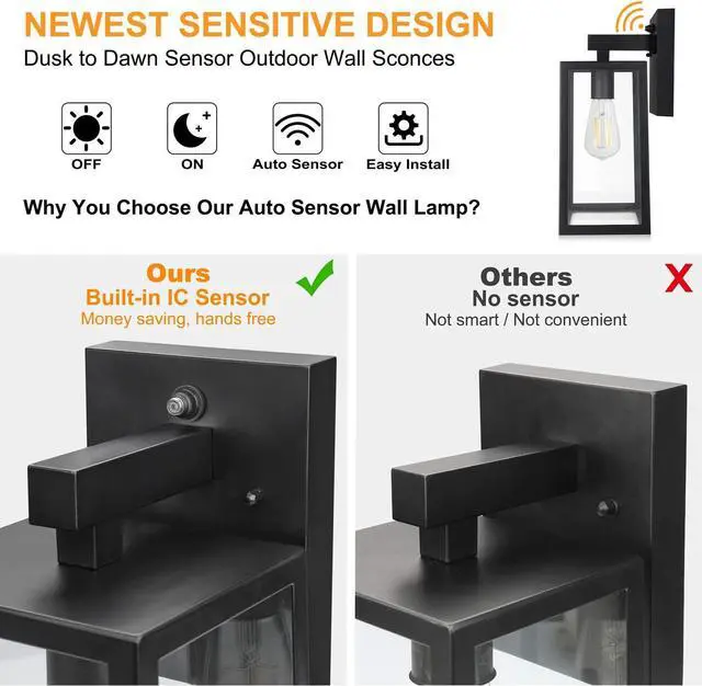 Alt view image 4 of 7 - SHINE HAI Dusk to Dawn Sensor Outdoor Wall Sconce, Exterior Porch Lantern Fixture with E26 Socket & Glass Shade, Waterproof Wall Mount Lighting for Patio Front Door Entryway