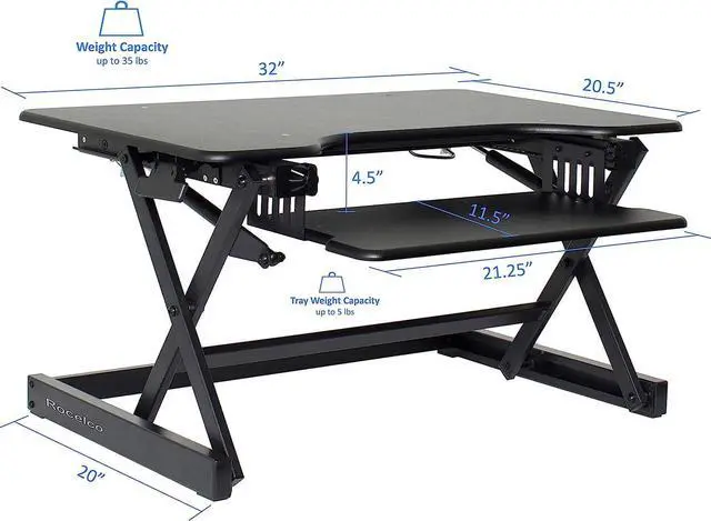 Alt view image 3 of 7 - Rocelco 32" Height Adjustable Standing Desk Converter - Sit Stand Computer Workstation Riser - Dual Monitor Retractable Keyboard Tray Gas Spring Assist - Black (R EADRB2)