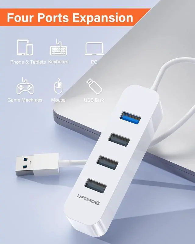 Alt view image 2 of 7 - USB 3.0 Hub 4-Port USB Hub with 5 Gbps USB Splitter for Laptop MacBook Mac Pro Mac Mini iMac Surface Pro XPS PC Flash Drive Mobile HDD-White