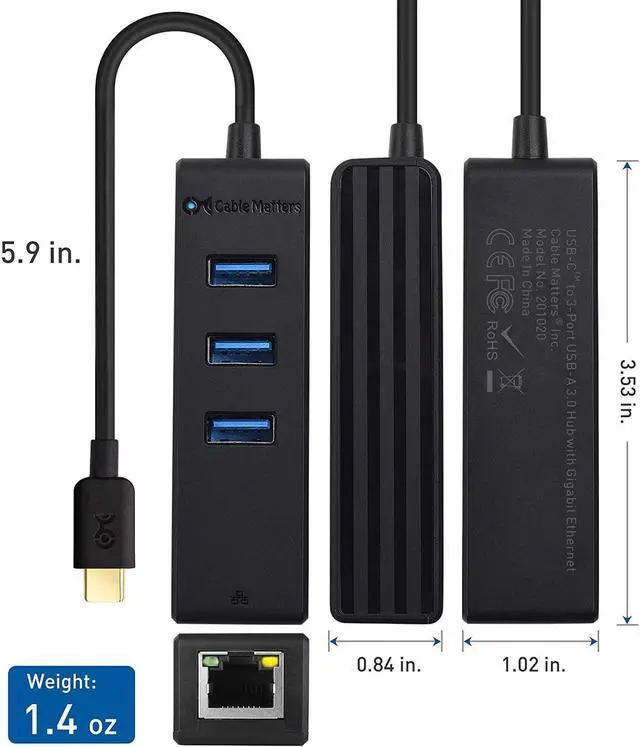 Alt view image 5 of 7 - Cable Matters 4-in-1 USB C Hub Ethernet, Support Gigabit Ethernet (USB C Network, USB C to Ethernet Adapter, USB C Ethernet Hub, Thunderbolt Ethernet Adapter) with 10/100/1000Mbps Network in Black