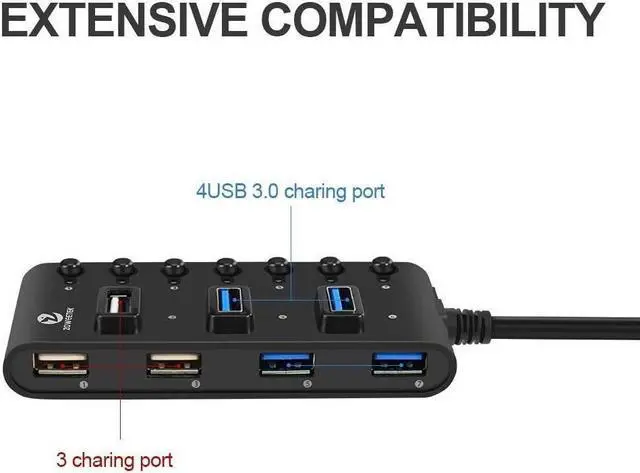 Alt view image 3 of 6 - USB Hub 3.0 Network Hubs 7-Port USB 3.0 Hub with Smart Charging Port and Individual On/Off Power Switches for Windows 10/8 / Vista/XP and Mac OS X, Linux and Chrome OS