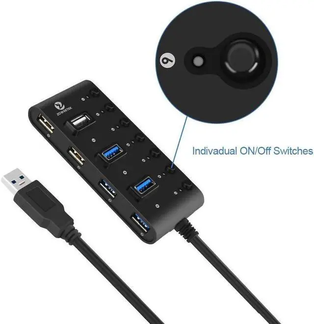 Alt view image 4 of 6 - USB Hub 3.0 Network Hubs 7-Port USB 3.0 Hub with Smart Charging Port and Individual On/Off Power Switches for Windows 10/8 / Vista/XP and Mac OS X, Linux and Chrome OS