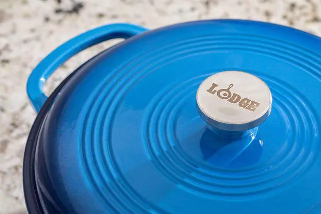 Alt view image 6 of 7 - Lodge 7.5 Quart Enameled Cast Iron Dutch Oven with Lid  Dual Handles  Oven Safe up to 500° F or on Stovetop - Use to Marinate, Cook, Bake, Refrigerate and Serve  Caribbean Blue
