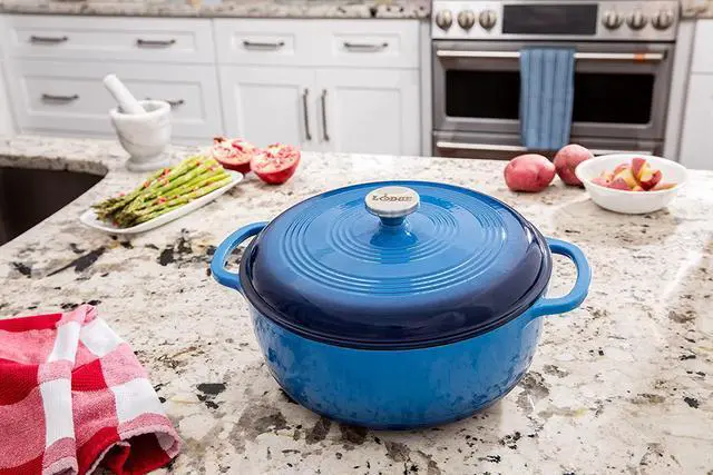 Alt view image 5 of 7 - Lodge 7.5 Quart Enameled Cast Iron Dutch Oven with Lid  Dual Handles  Oven Safe up to 500° F or on Stovetop - Use to Marinate, Cook, Bake, Refrigerate and Serve  Caribbean Blue