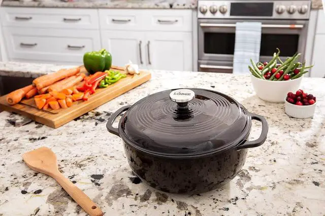 Alt view image 5 of 7 - Lodge 6 Quart Enameled Cast Iron Dutch Oven with Lid  Dual Handles  Oven Safe up to 500° F or on Stovetop - Use to Marinate, Cook, Bake, Refrigerate and Serve  Midnight Chrome