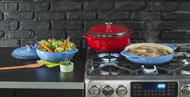 Alt view image 4 of 7 - Lodge 7.5 Quart Enameled Cast Iron Dutch Oven with Lid  Dual Handles  Oven Safe up to 500° F or on Stovetop - Use to Marinate, Cook, Bake, Refrigerate and Serve  Caribbean Blue