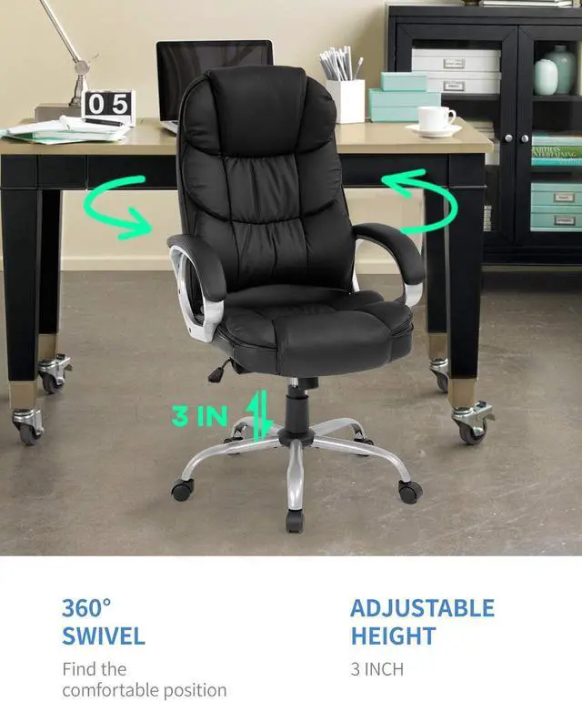 Alt view image 6 of 7 - FDW Office Chair Computer High Back Adjustable Ergonomic Desk Chair Executive PU Leather Swivel Task Chair with Armrests Lumbar Support (Black)