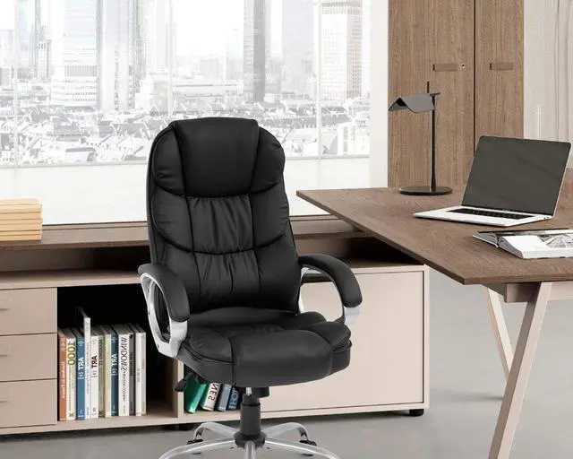 Alt view image 2 of 7 - FDW Office Chair Computer High Back Adjustable Ergonomic Desk Chair Executive PU Leather Swivel Task Chair with Armrests Lumbar Support (Black)