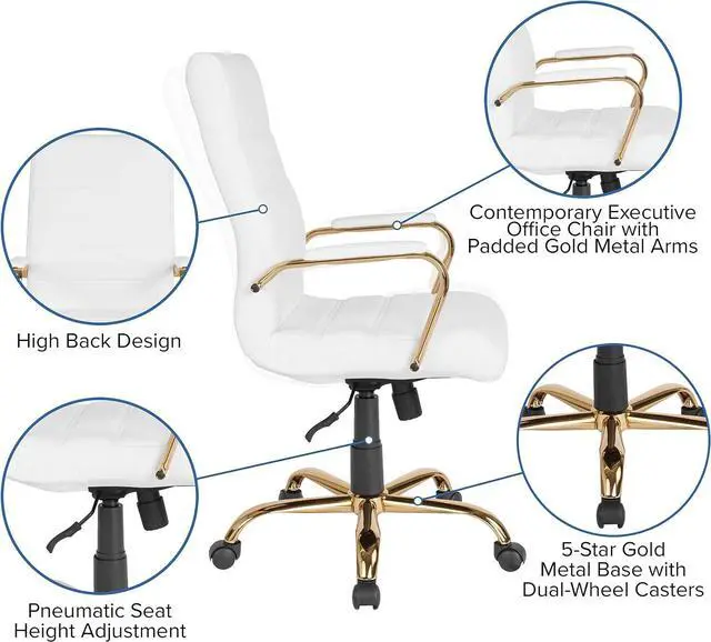 Alt view image 4 of 7 - EMMA + OLIVER High Back White Faux Leather Executive Office Chair | Gold Base, Height Adjustable, 360° Swivel, Padded Seat and Armrests